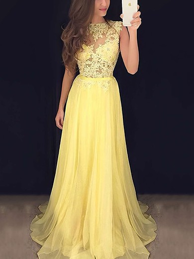 A-line Scoop Neck Chiffon Sweep Train Appliques Lace Prom Dresses #Favs020102057