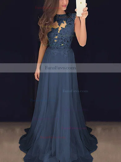 A-line Scoop Neck Chiffon Sweep Train Appliques Lace Prom Dresses #Favs020102057