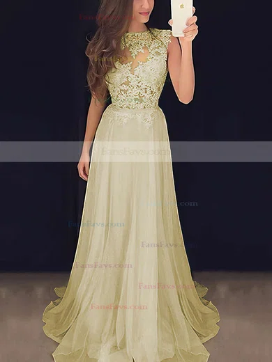 A-line Scoop Neck Chiffon Sweep Train Appliques Lace Prom Dresses #Favs020102057