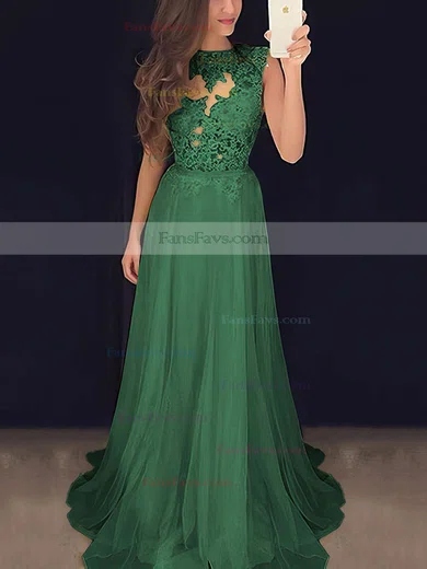A-line Scoop Neck Chiffon Sweep Train Appliques Lace Prom Dresses #Favs020102057