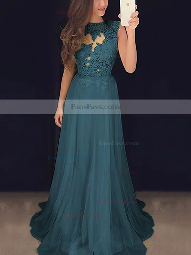A-line Scoop Neck Chiffon Sweep Train Appliques Lace Prom Dresses #Favs020102057