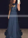 A-line Scoop Neck Chiffon Sweep Train Appliques Lace Prom Dresses #Favs020102057