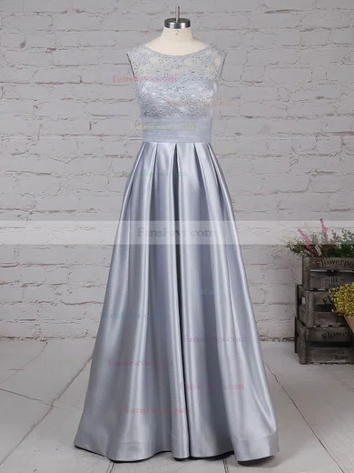 Princess Scoop Neck Lace Satin Floor-length Pockets Prom Dresses #Favs020105913