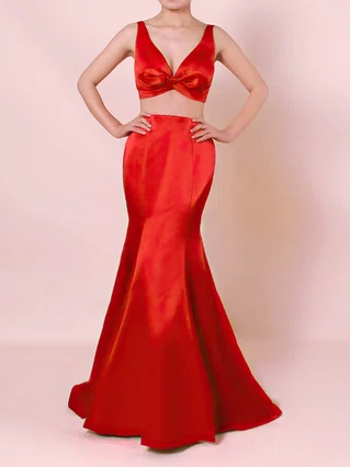 Trumpet/Mermaid V-neck Satin Sweep Train Ruffles Prom Dresses #Favs020105916