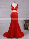 Trumpet/Mermaid V-neck Satin Sweep Train Ruffles Prom Dresses #Favs020105916