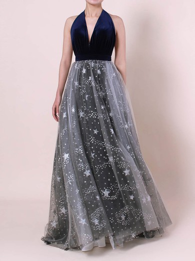 Princess Halter Tulle Velvet Sweep Train Sequins Prom Dresses #Favs020105920