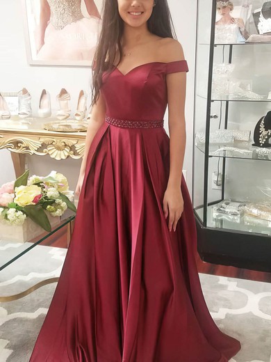 Princess Off-the-shoulder Satin Floor-length Beading Prom Dresses #Favs020105925