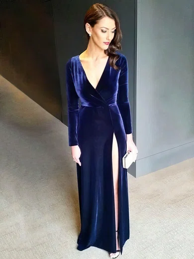 Sheath/Column V-neck Velvet Sweep Train Split Front Prom Dresses #Favs020106116