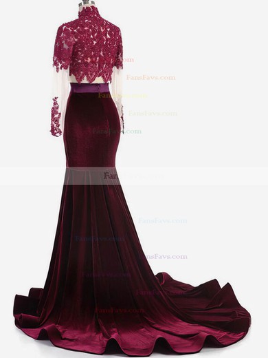 Trumpet/Mermaid High Neck Velvet Sweep Train Appliques Lace Prom Dresses #Favs020106118
