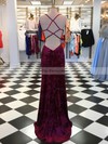 Sheath/Column V-neck Velvet Sweep Train Split Front Prom Dresses #Favs020106119