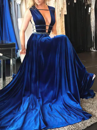 A-line V-neck Velvet Sweep Train Beading Prom Dresses #Favs020106122 A-line V-neck Velvet Sweep Train Beading Prom Dresses #Favs020106122