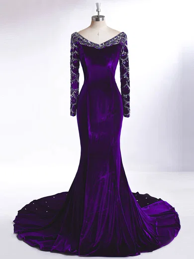 Trumpet/Mermaid V-neck Velvet Court Train Beading Prom Dresses #Favs020106126