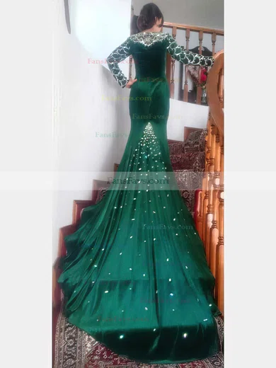 Trumpet/Mermaid V-neck Velvet Court Train Beading Prom Dresses #Favs020106126