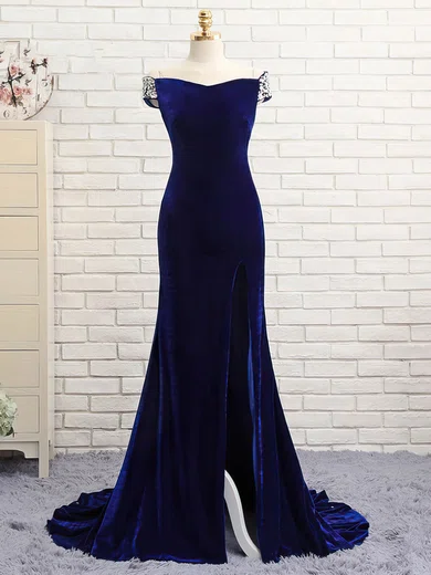 Trumpet/Mermaid Off-the-shoulder Velvet Sweep Train Beading Prom Dresses #Favs020106128