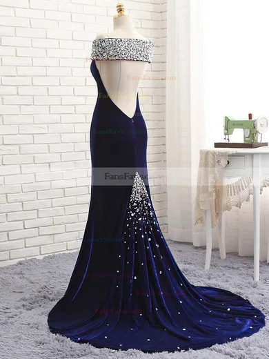Trumpet/Mermaid Off-the-shoulder Velvet Sweep Train Beading Prom Dresses #Favs020106128