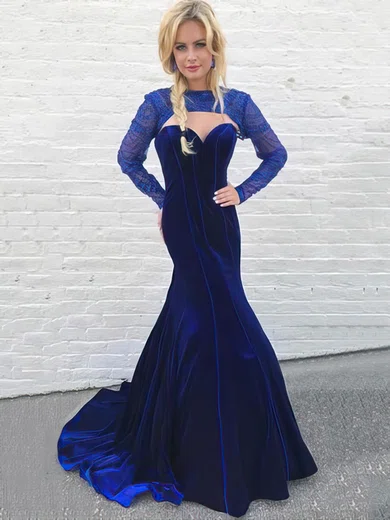 Trumpet/Mermaid High Neck Velvet Sweep Train Beading Prom Dresses #Favs020106134
