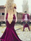 Trumpet/Mermaid V-neck Velvet Sweep Train Appliques Lace Prom Dresses #Favs020106137