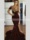 Trumpet/Mermaid V-neck Velvet Sweep Train Appliques Lace Prom Dresses #Favs020106137