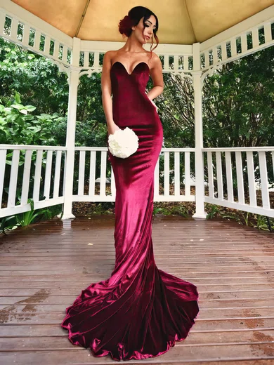 Trumpet/Mermaid V-neck Velvet Sweep Train Prom Dresses #Favs020106138