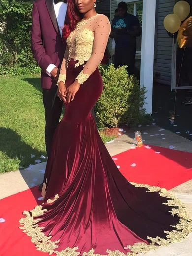 Trumpet/Mermaid Scoop Neck Velvet Sweep Train Appliques Lace Prom Dresses #Favs020106141