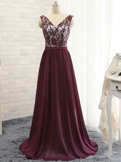 A-line V-neck Sweep Train Chiffon Lace Prom Dresses #Favs020102133