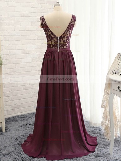 A-line V-neck Sweep Train Chiffon Lace Prom Dresses #Favs020102133