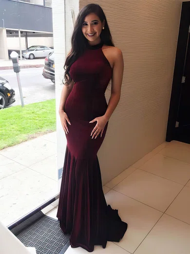 Trumpet/Mermaid Halter Velvet Sweep Train Prom Dresses #Favs020106148