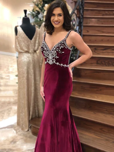 Trumpet/Mermaid V-neck Velvet Sweep Train Beading Prom Dresses #Favs020106156