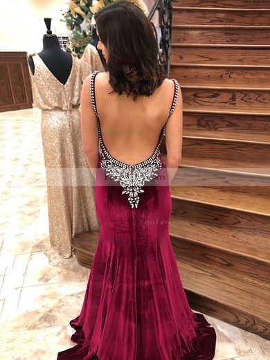 Trumpet/Mermaid V-neck Velvet Sweep Train Beading Prom Dresses #Favs020106156