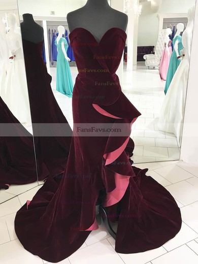 Trumpet/Mermaid V-neck Velvet Sweep Train Cascading Ruffles Prom Dresses #Favs020106157