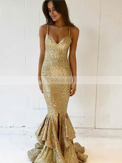 Trumpet/Mermaid V-neck Sequined Floor-length Split Front Prom Dresses #Favs020106165