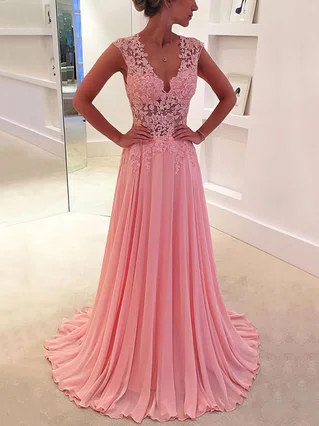 A-line V-neck Chiffon Sweep Train Appliques Lace Prom Dresses #Favs020102171