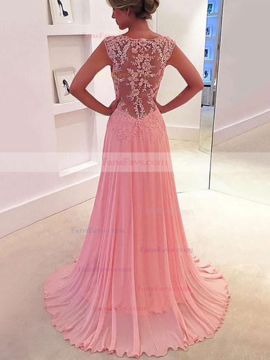 A-line V-neck Chiffon Sweep Train Appliques Lace Prom Dresses #Favs020102171