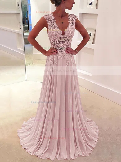 A-line V-neck Chiffon Sweep Train Appliques Lace Prom Dresses #Favs020102171