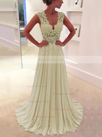 A-line V-neck Chiffon Sweep Train Appliques Lace Prom Dresses #Favs020102171