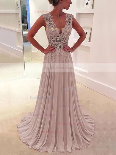 A-line V-neck Chiffon Sweep Train Appliques Lace Prom Dresses #Favs020102171