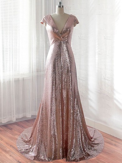 Empire V-neck Sequined Sweep Train Prom Dresses #Favs020106174