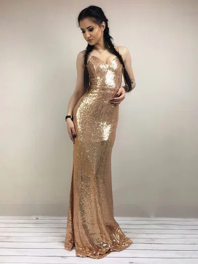 Sheath/Column V-neck Sequined Floor-length Prom Dresses #Favs020106189