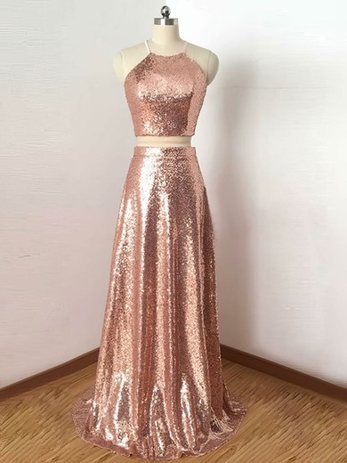 A-line Scoop Neck Sequined Floor-length Prom Dresses #Favs020106200