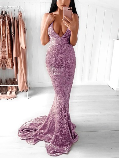 Trumpet/Mermaid V-neck Sequined Sweep Train Prom Dresses #Favs020106203