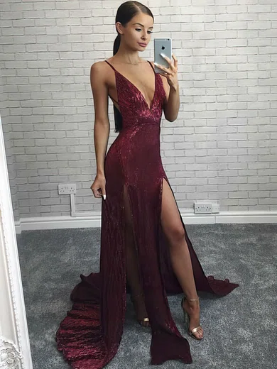 Sheath/Column V-neck Sequined Sweep Train Split Front Prom Dresses #Favs020106205