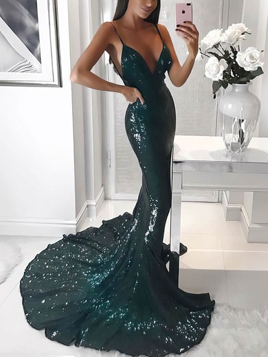 Trumpet/Mermaid V-neck Sequined Sweep Train Prom Dresses #Favs020106206