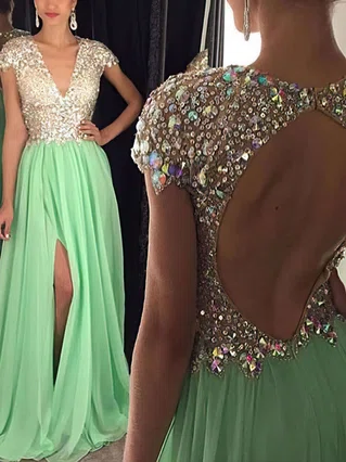 A-line V-neck Chiffon Sweep Train Split Front Prom Dresses #Favs020102202