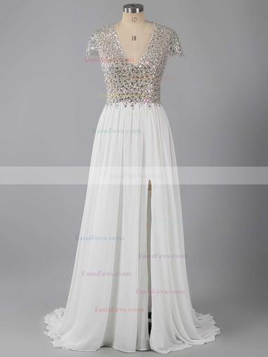 A-line V-neck Chiffon Sweep Train Split Front Prom Dresses #Favs020102202