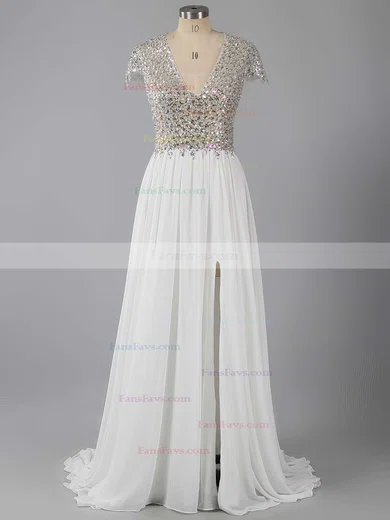 A-line V-neck Chiffon Sweep Train Split Front Prom Dresses #Favs020102202