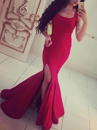Trumpet/Mermaid Square Neckline Jersey Sweep Train Split Front Prom Dresses #Favs020106229