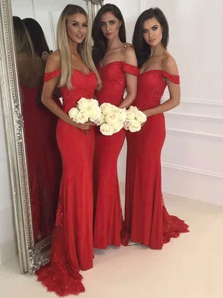 Sheath/Column Off-the-shoulder Jersey Sweep Train Appliques Lace Prom Dresses #Favs020106231 Sheath/Column Off-the-shoulder Jersey Sweep Train Appliques Lace Prom Dresses #Favs020106231