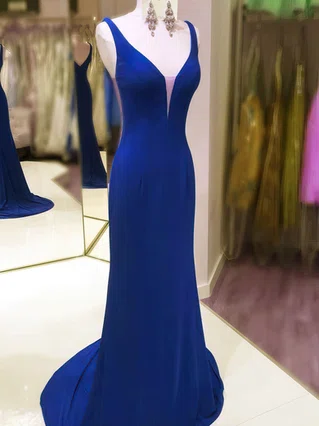Sheath/Column V-neck Jersey Sweep Train Prom Dresses #Favs020106236