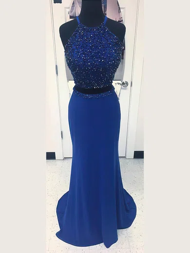 Sheath/Column Scoop Neck Jersey Sweep Train Beading Prom Dresses #Favs020106237