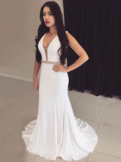 Trumpet/Mermaid V-neck Chiffon Sweep Train Sashes / Ribbons Prom Dresses #Favs020106239